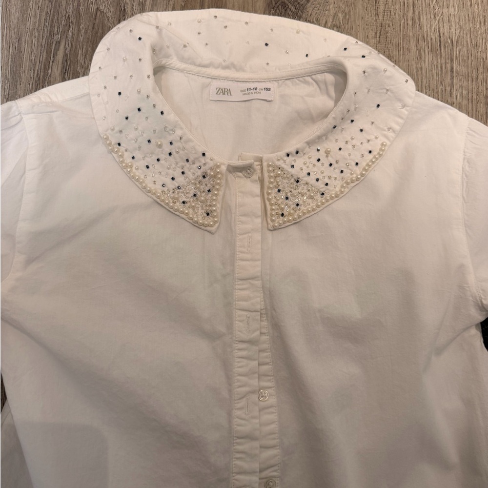 Zara Girls White Embellished Peter Pan Collar Shirt size 11-12